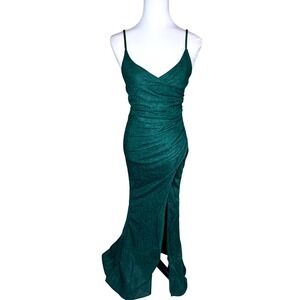 Emerald Green Shimmer Ruched Maxi Dress V-Neck Slit Prom‎ Formal Gown Size S